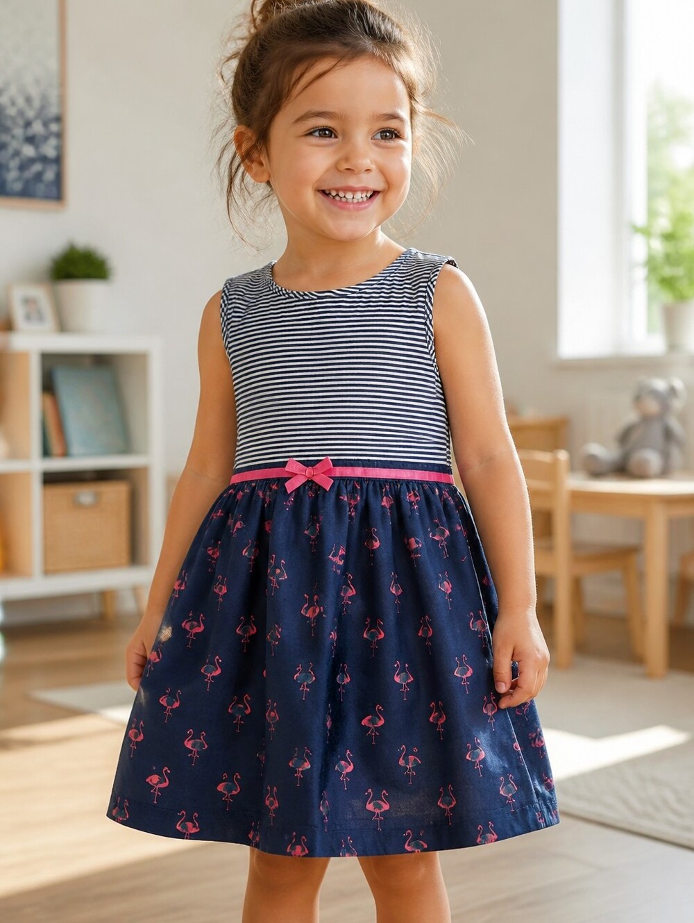 Carter's Toddler Girls Navy Blue Nautical Stripe Pink Flamingo Dress Size 4T